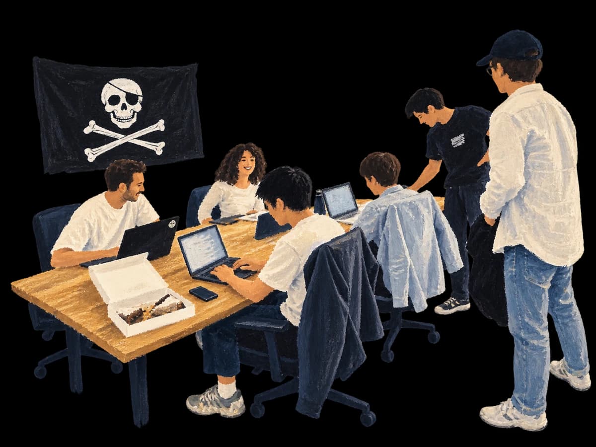 Friends building together around a shared table at anomalie.space, beneath a pirate flag.