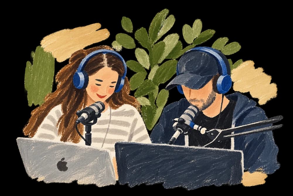 Two podcast hosts painted with loose brushstrokes.