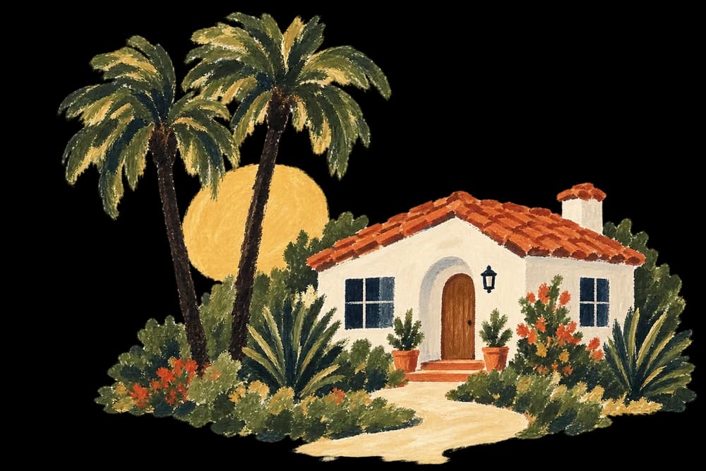 Los Angeles palms and a small sunlit bungalow.