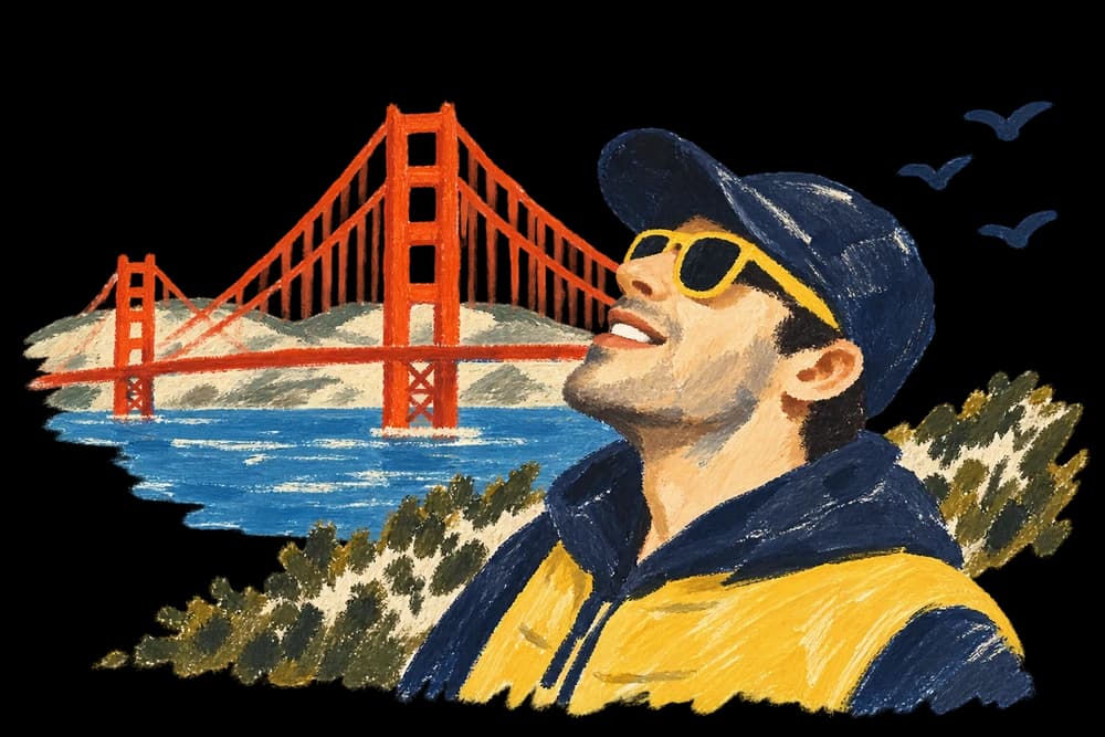 A painted portrait of Adil looking up beside the Golden Gate Bridge.