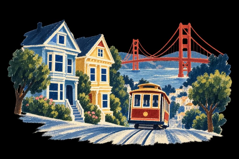 San Francisco houses, a cable car and the Golden Gate Bridge in a painted travel vignette.