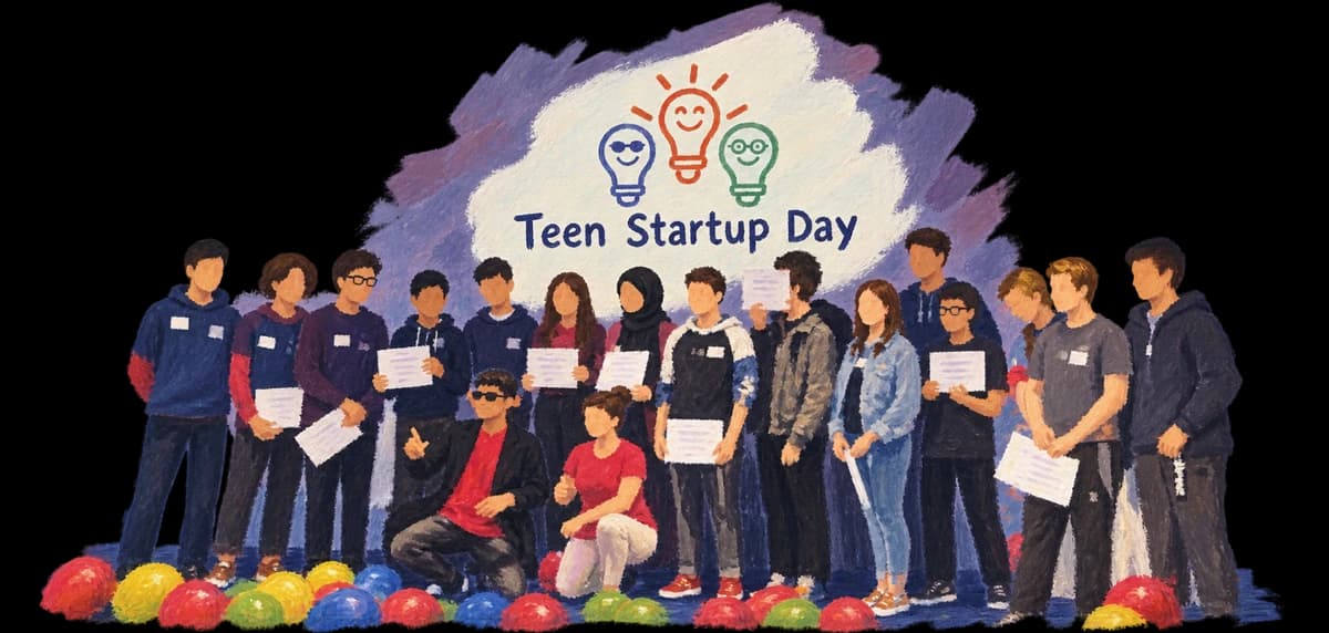 Teen Startup Day participants posing with certificates and balloons.