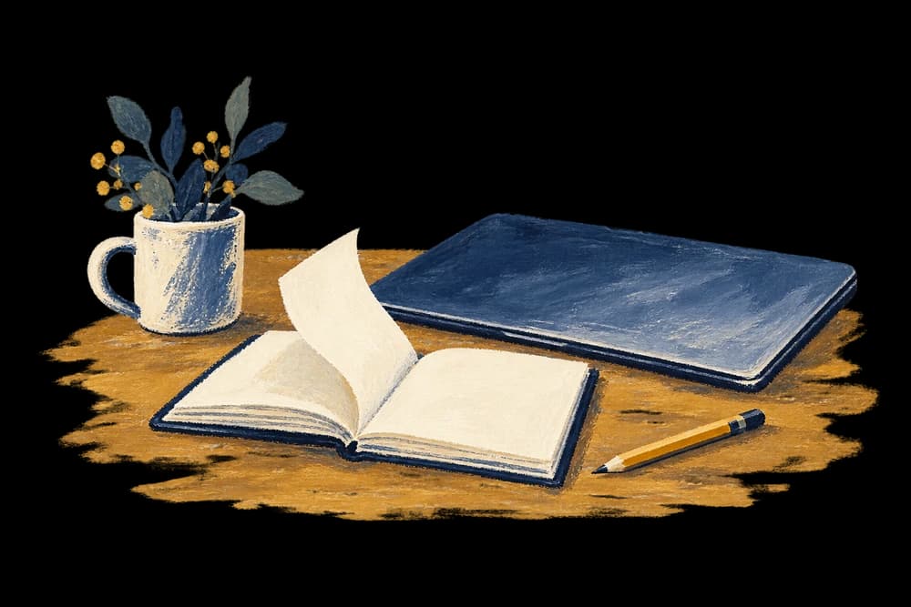 A closed laptop, a turning notebook page and a pencil, painted as a quiet pause.